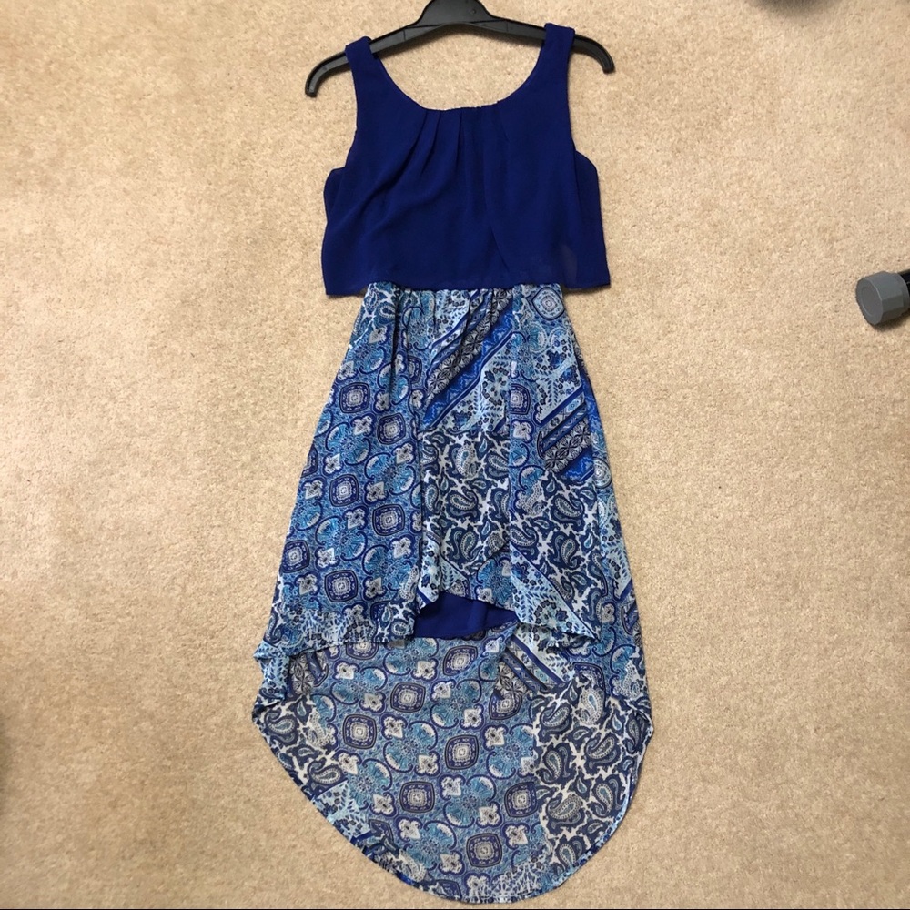 Blue High-Low Women's Dress - Sleeveless Patterned Skirt